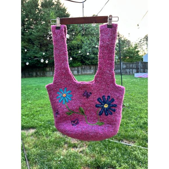 Handmade Felted Wool Knit Bucket Bag Pink Floral Embroidered Boho Purse Tote - Picture 8 of 9